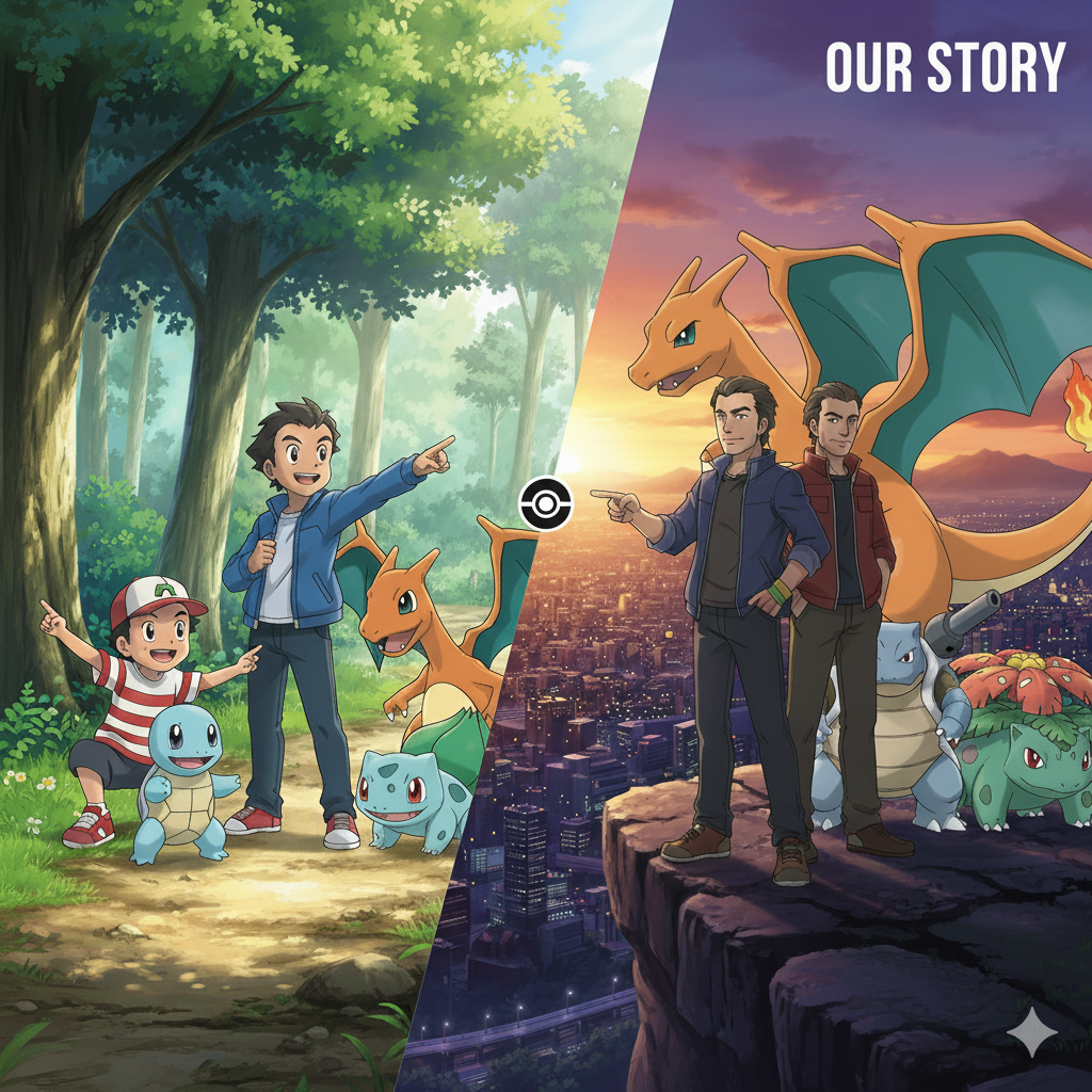Kaksi poikaa kuvattu ensin lapsina pienten pokemoniensa kanssa metsätiellä ja sitten aikuisiksi kasvaneena korkealla muurilla kaupunki taustallaan.Piirroskuva, tekoälyllä luotu.
